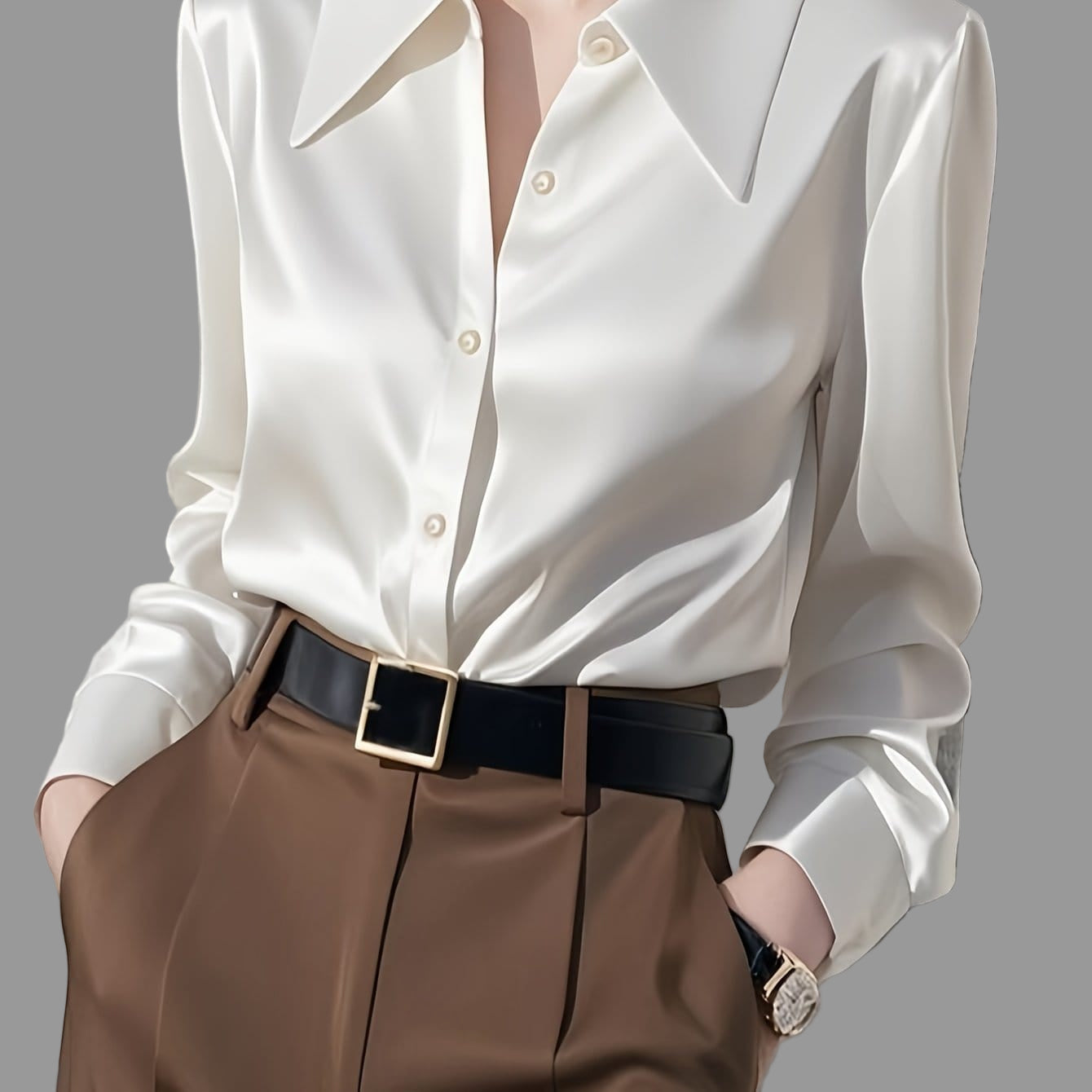 Camicia a bottoni in raso lucente a maniche lunghe per donne – Satin Button