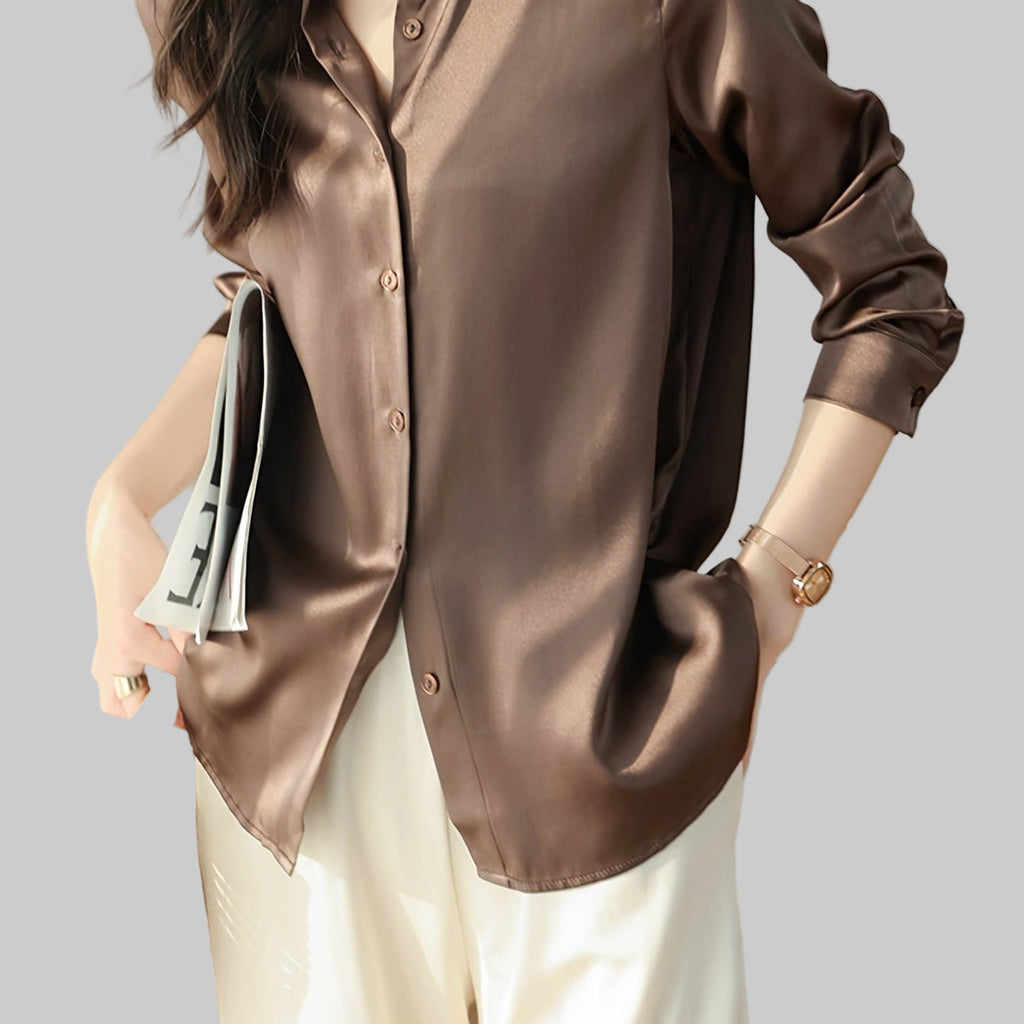 Charming Satin Long-Sleeved Buttoned Blouse for Women – Satin Button